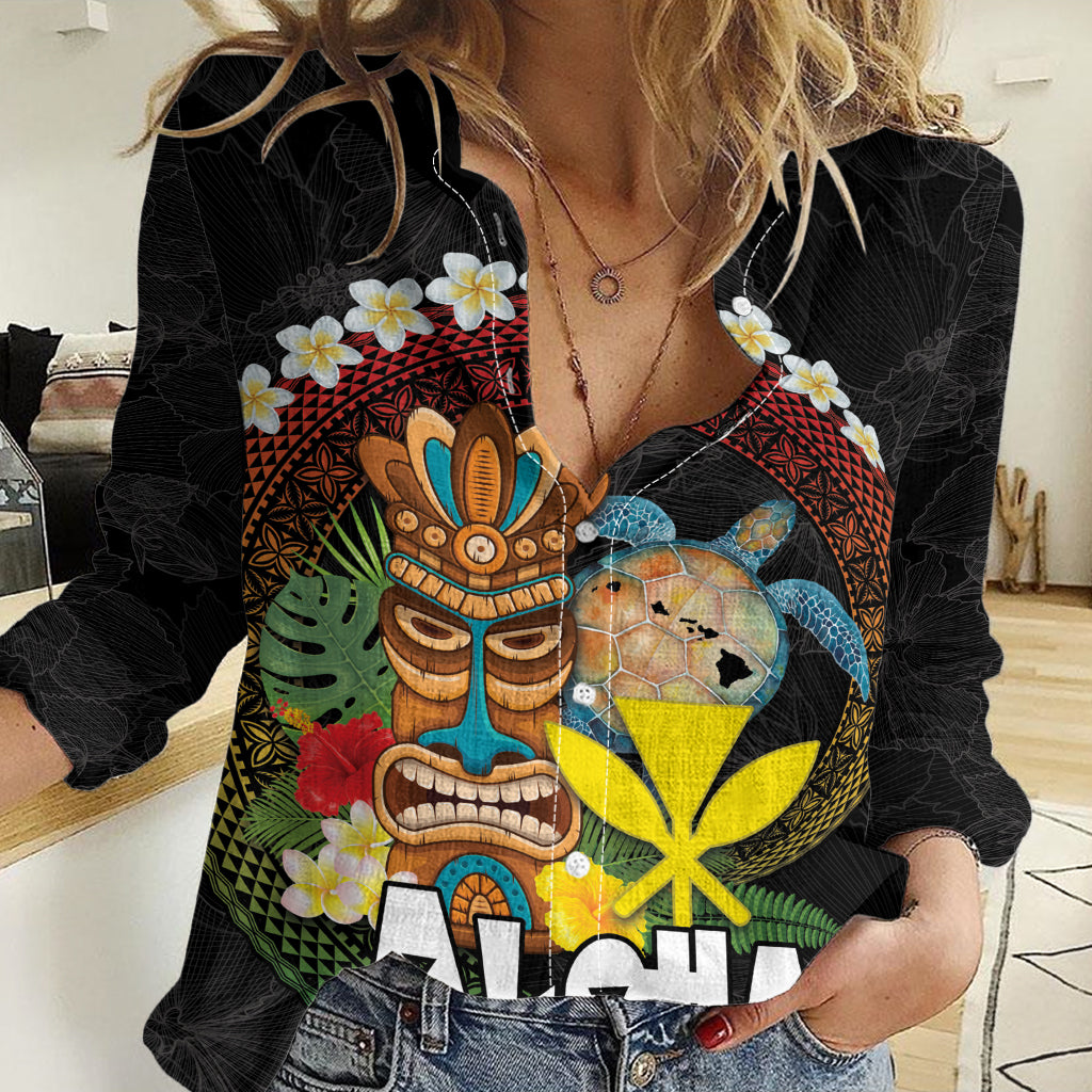 Aloha Hawaii Women Casual Shirt Kanaka Maoli with Polynesian Spiral Plumeria