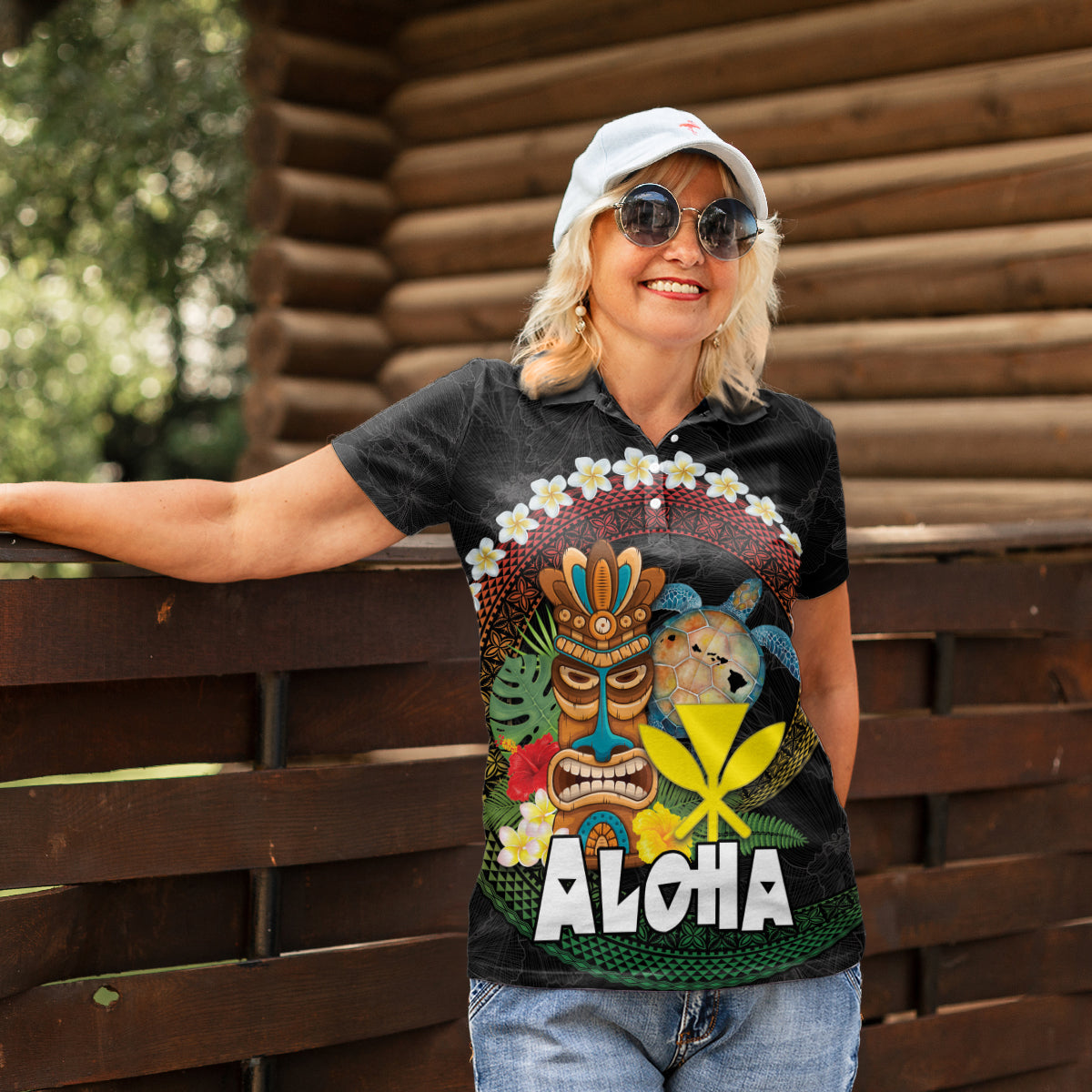 Aloha Hawaii Women Polo Shirt Kanaka Maoli with Polynesian Spiral Plumeria