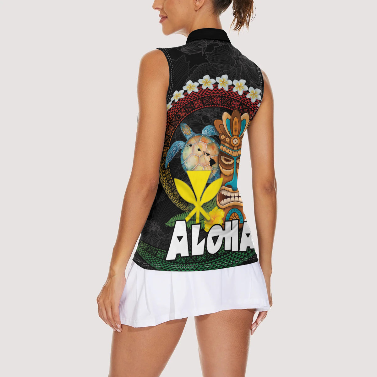 Aloha Hawaii Women Sleeveless Polo Shirt Kanaka Maoli with Polynesian Spiral Plumeria