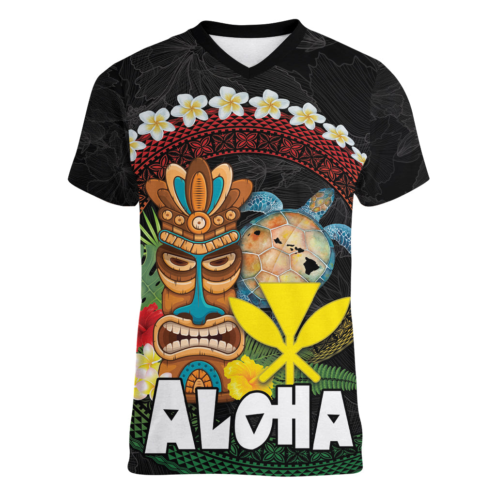 Aloha Hawaii Women V-Neck T-Shirt Kanaka Maoli with Polynesian Spiral Plumeria