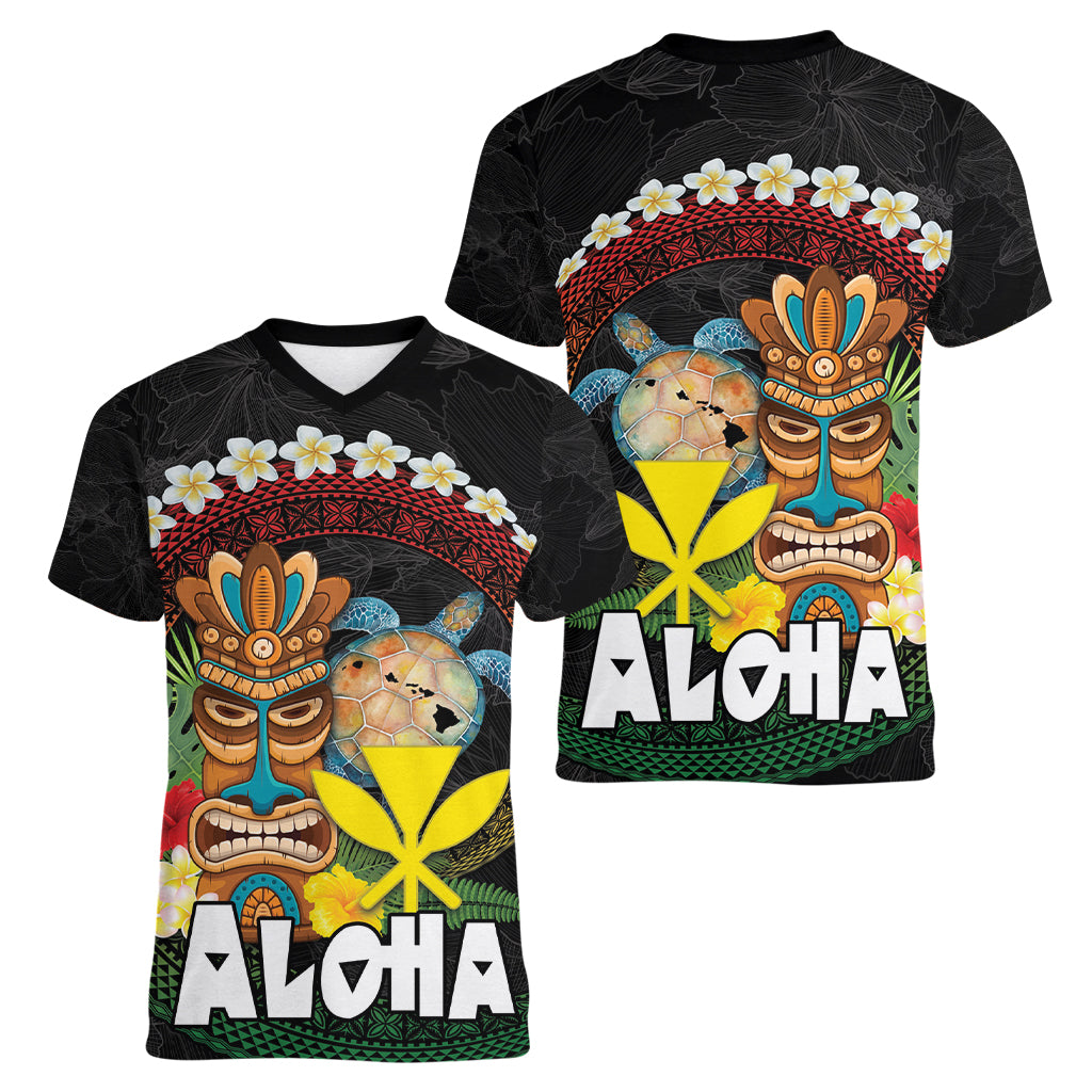 Aloha Hawaii Women V-Neck T-Shirt Kanaka Maoli with Polynesian Spiral Plumeria