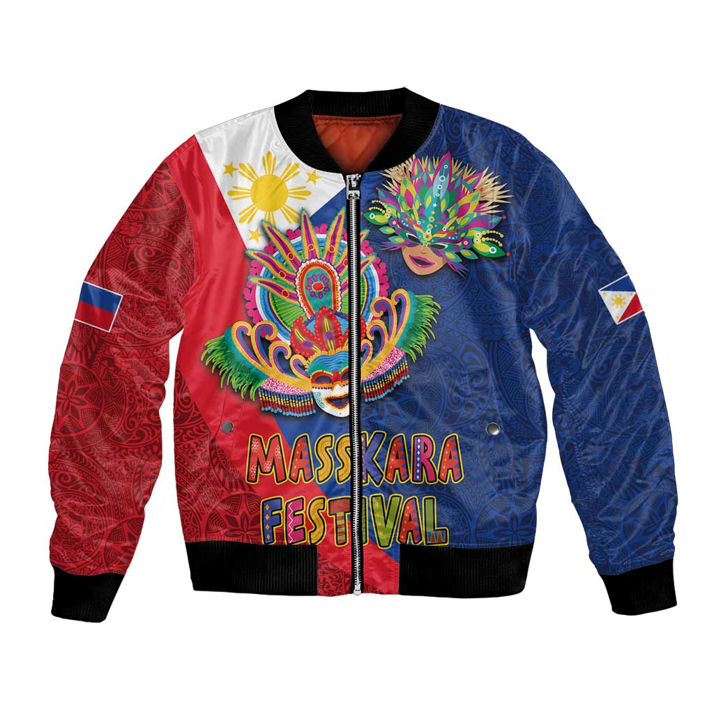 Philippines MassKara Bomber Jacket Filipino Carnival Mask and Polynesian Pattern LT03 Unisex Blue - Polynesian Pride