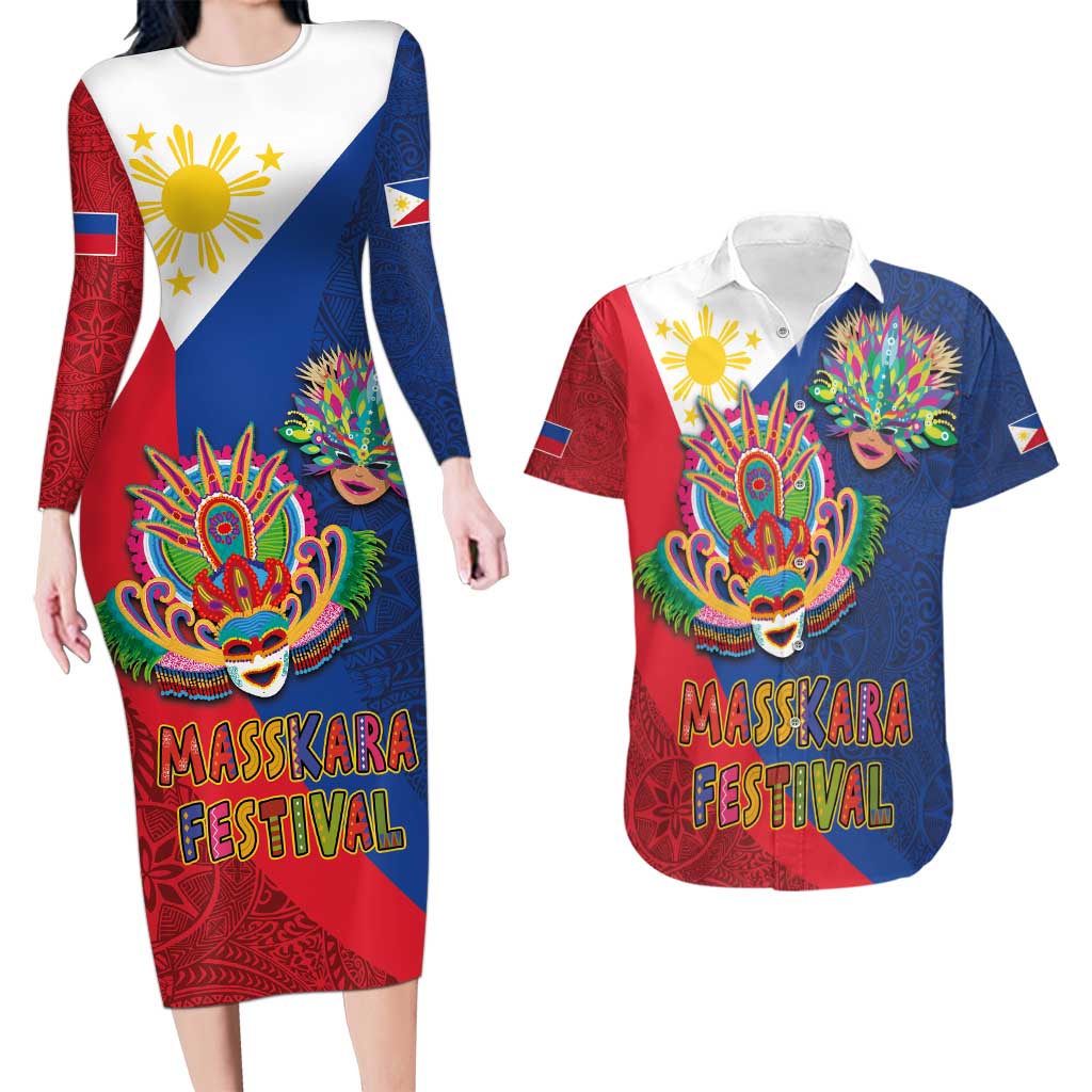 Philippines MassKara Couples Matching Long Sleeve Bodycon Dress and Hawaiian Shirt Filipino Carnival Mask and Polynesian Pattern