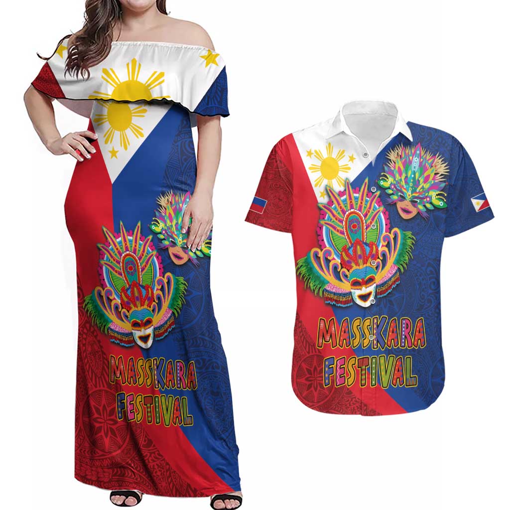 Philippines MassKara Couples Matching Off Shoulder Maxi Dress and Hawaiian Shirt Filipino Carnival Mask and Polynesian Pattern