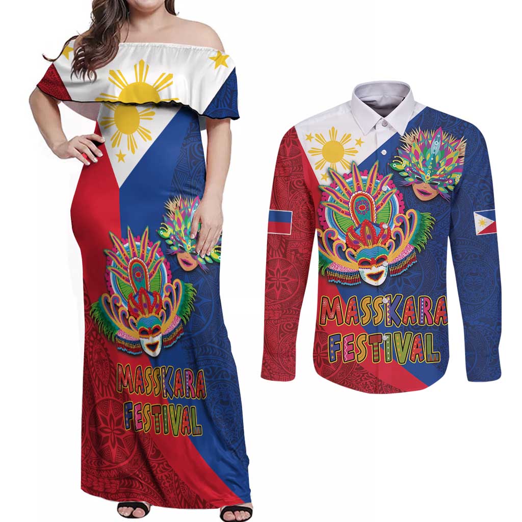 Philippines MassKara Couples Matching Off Shoulder Maxi Dress and Long Sleeve Button Shirt Filipino Carnival Mask and Polynesian Pattern