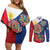 Philippines MassKara Couples Matching Off Shoulder Short Dress and Long Sleeve Button Shirt Filipino Carnival Mask and Polynesian Pattern