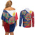 Philippines MassKara Couples Matching Off Shoulder Short Dress and Long Sleeve Button Shirt Filipino Carnival Mask and Polynesian Pattern