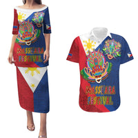 Philippines MassKara Couples Matching Puletasi and Hawaiian Shirt Filipino Carnival Mask and Polynesian Pattern