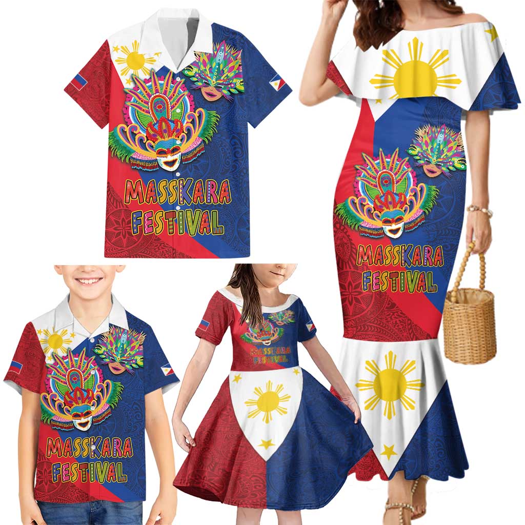 Philippines MassKara Family Matching Mermaid Dress and Hawaiian Shirt Filipino Carnival Mask and Polynesian Pattern