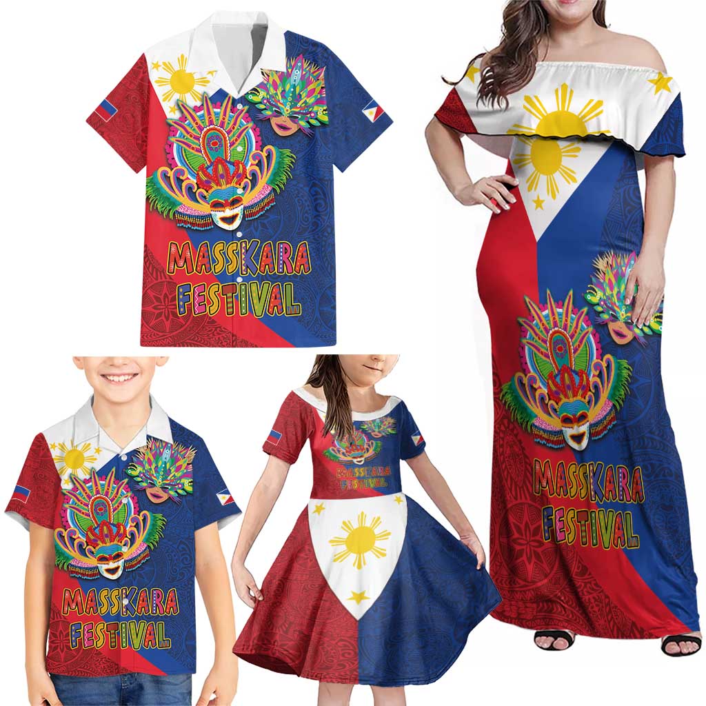 Philippines MassKara Family Matching Off Shoulder Maxi Dress and Hawaiian Shirt Filipino Carnival Mask and Polynesian Pattern