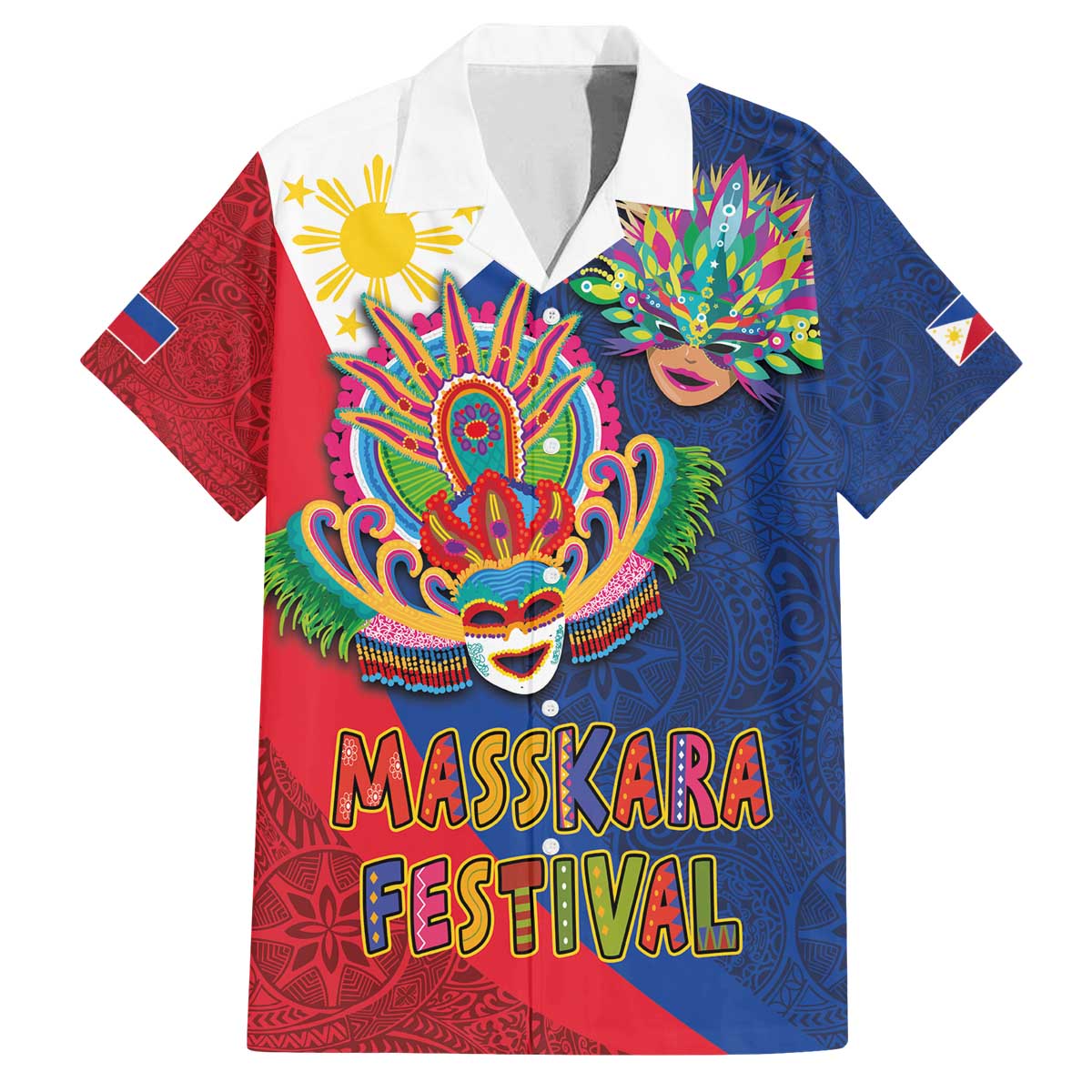 Philippines MassKara Family Matching Off Shoulder Short Dress and Hawaiian Shirt Filipino Carnival Mask and Polynesian Pattern