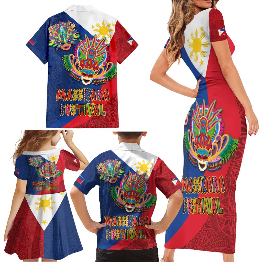 Philippines MassKara Family Matching Short Sleeve Bodycon Dress and Hawaiian Shirt Filipino Carnival Mask and Polynesian Pattern