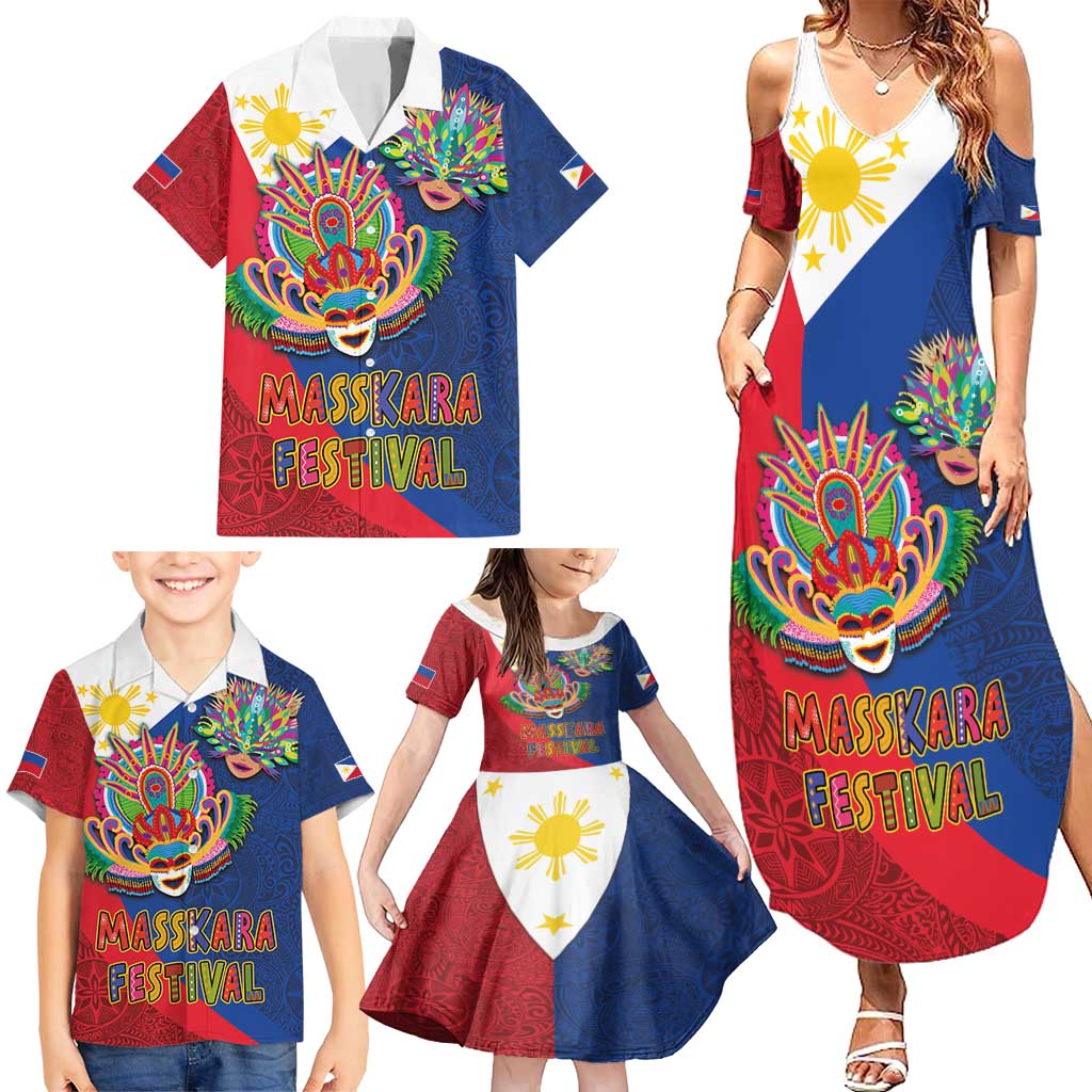 Philippines MassKara Family Matching Summer Maxi Dress and Hawaiian Shirt Filipino Carnival Mask and Polynesian Pattern