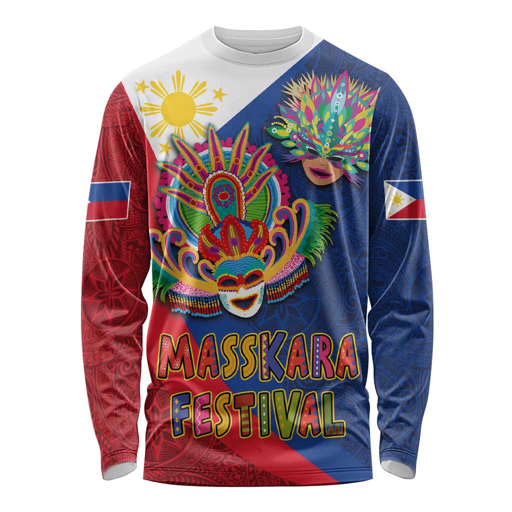 Philippines MassKara Long Sleeve Shirt Filipino Carnival Mask and Polynesian Pattern