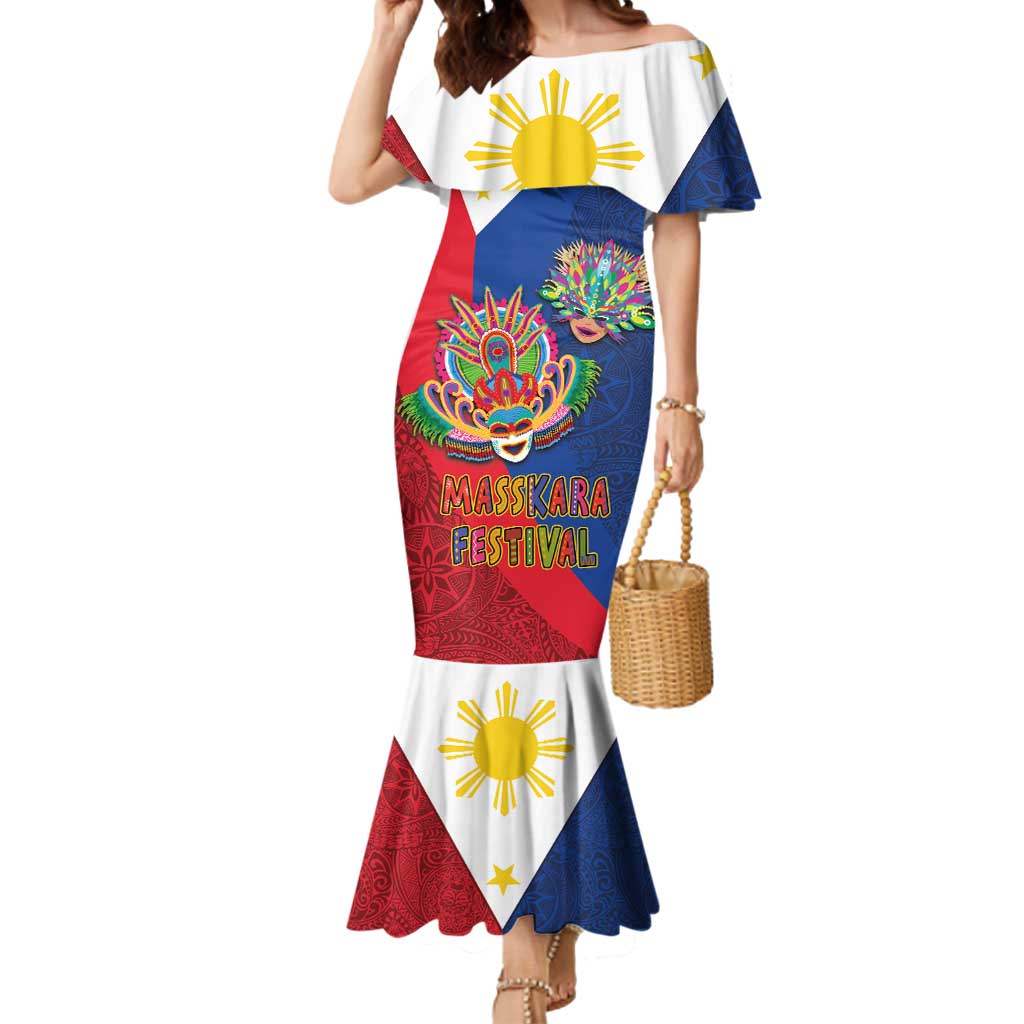Philippines MassKara Mermaid Dress Filipino Carnival Mask and Polynesian Pattern