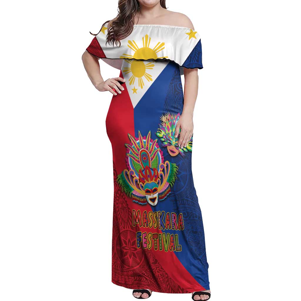 Philippines MassKara Off Shoulder Maxi Dress Filipino Carnival Mask and Polynesian Pattern