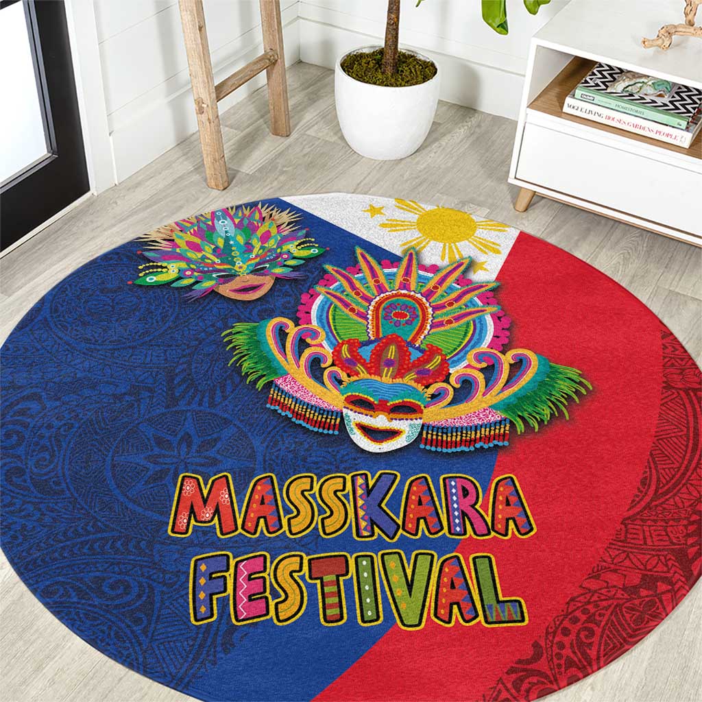 Philippines MassKara Round Carpet Filipino Carnival Mask and Polynesian Pattern