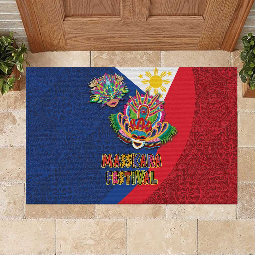 Philippines MassKara Rubber Doormat Filipino Carnival Mask and Polynesian Pattern