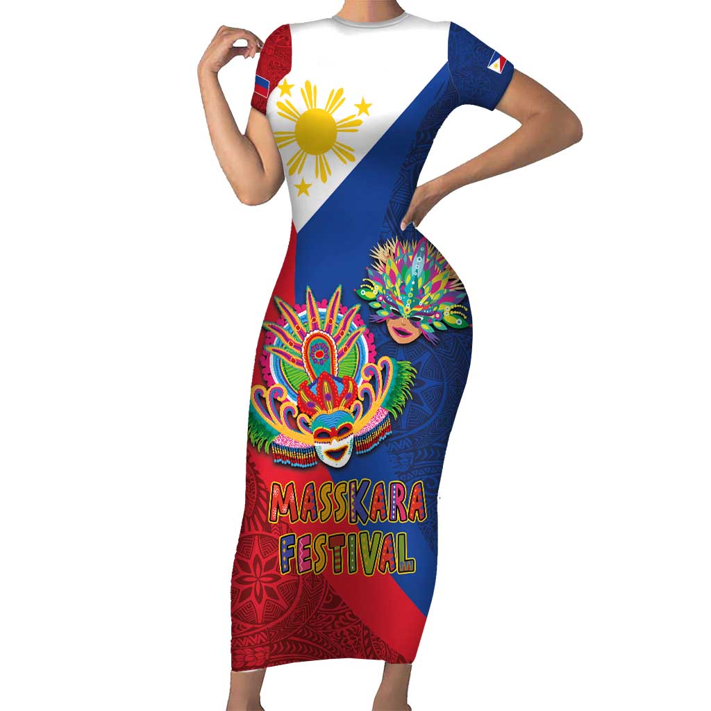 Philippines MassKara Short Sleeve Bodycon Dress Filipino Carnival Mask and Polynesian Pattern
