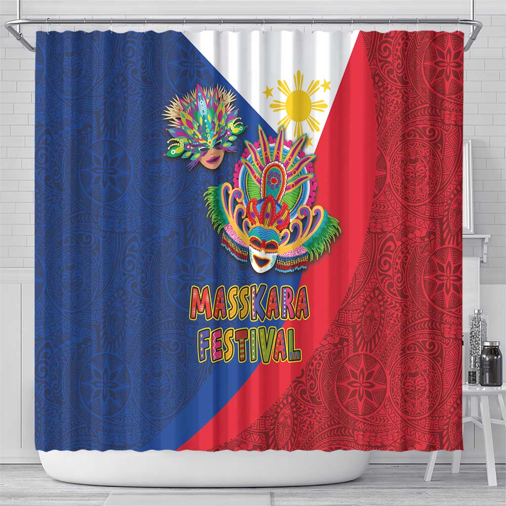 Philippines MassKara Shower Curtain Filipino Carnival Mask and Polynesian Pattern