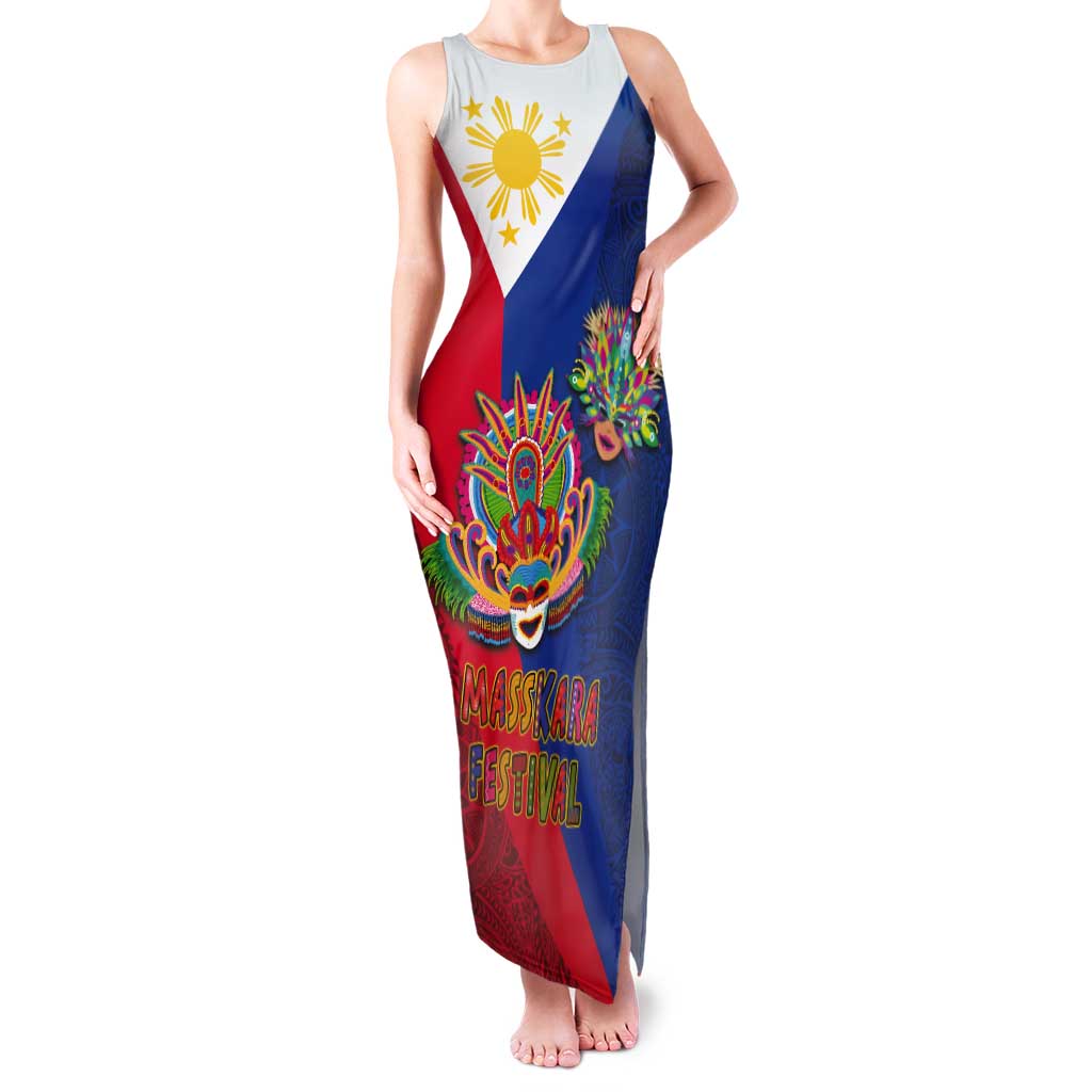 Philippines MassKara Tank Maxi Dress Filipino Carnival Mask and Polynesian Pattern