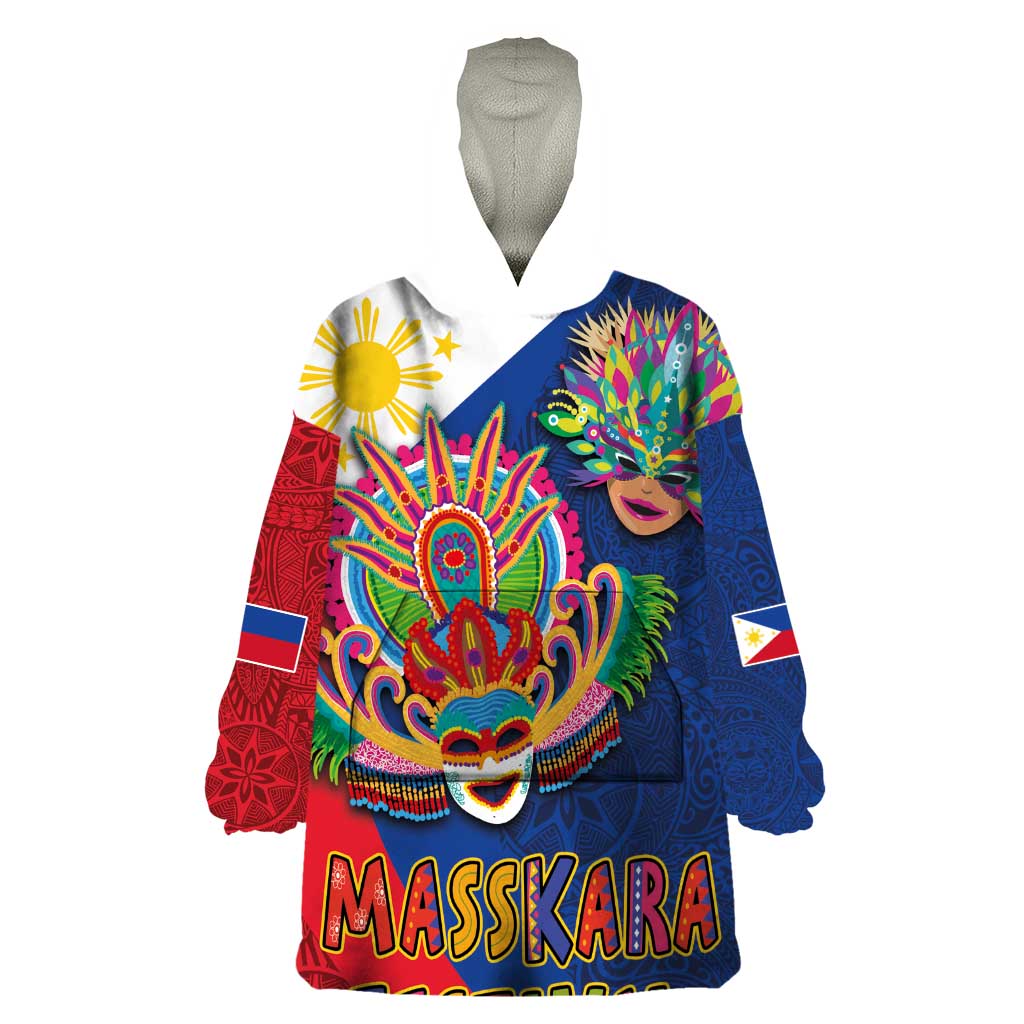 Philippines MassKara Wearable Blanket Hoodie Filipino Carnival Mask and Polynesian Pattern