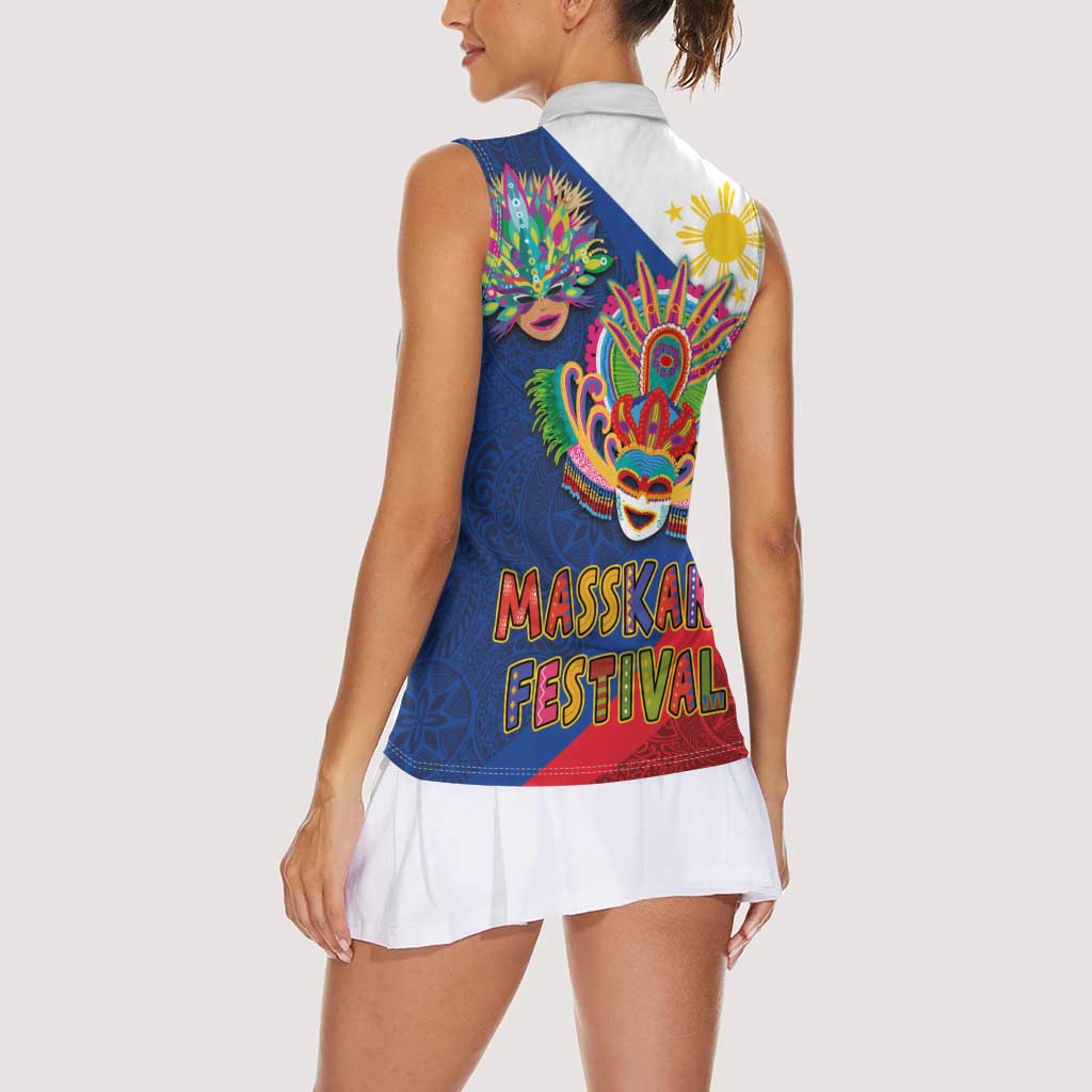 Philippines MassKara Women Sleeveless Polo Shirt Filipino Carnival Mask and Polynesian Pattern