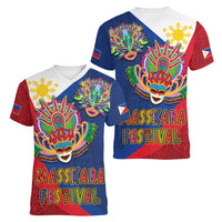 Philippines MassKara Women V-Neck T-Shirt Filipino Carnival Mask and Polynesian Pattern