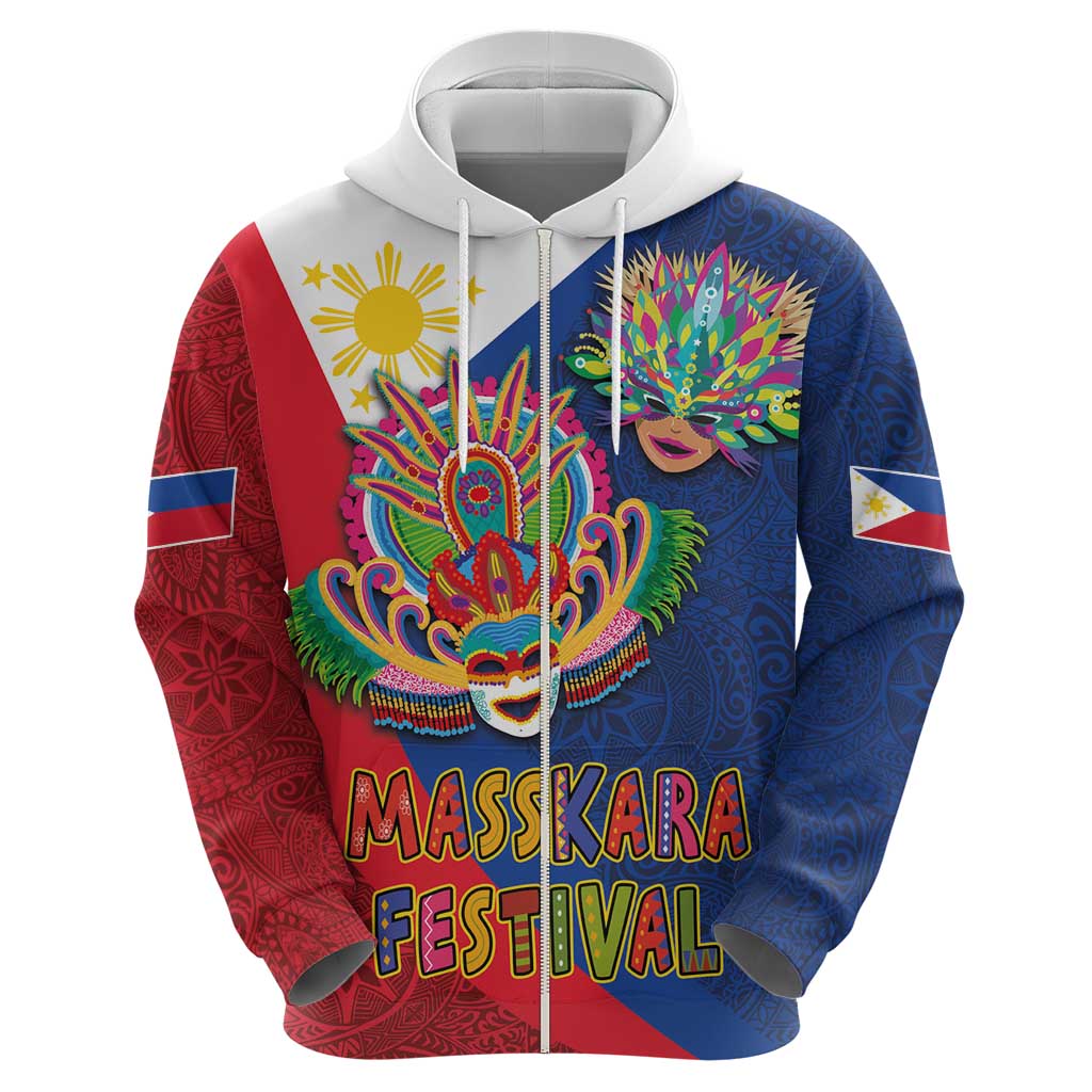 Philippines MassKara Zip Hoodie Filipino Carnival Mask and Polynesian Pattern