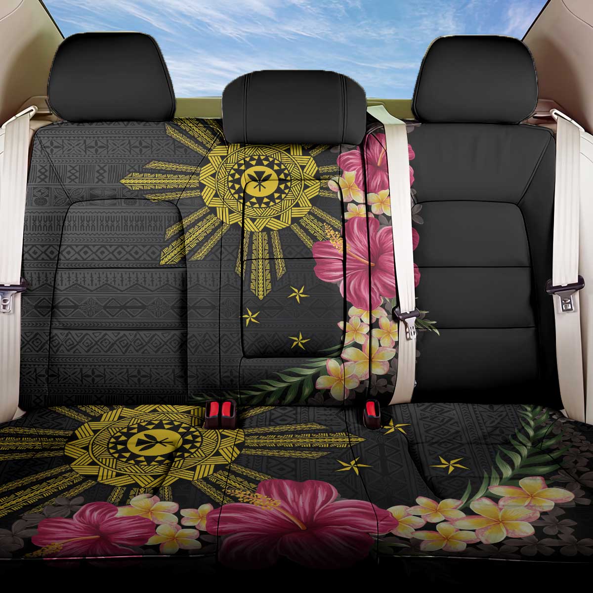 Hawaii and Philippines Together Back Car Seat Cover Hibiscus Flower and Sun Badge Polynesian Pattern Coloful