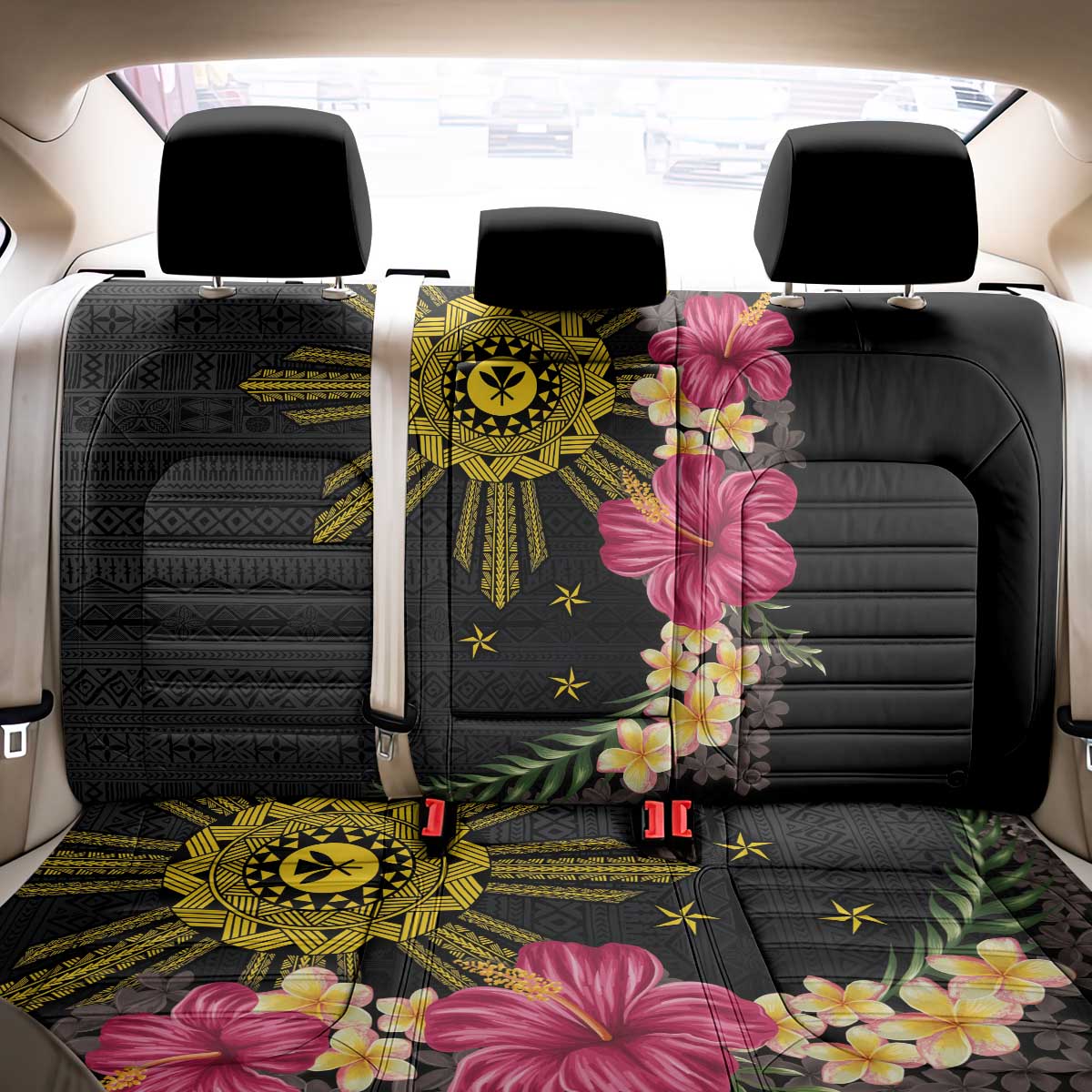 Hawaii and Philippines Together Back Car Seat Cover Hibiscus Flower and Sun Badge Polynesian Pattern Coloful