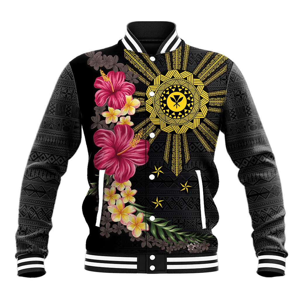Hawaii and Philippines Together Baseball Jacket Hibiscus Flower and Sun Badge Polynesian Pattern Coloful