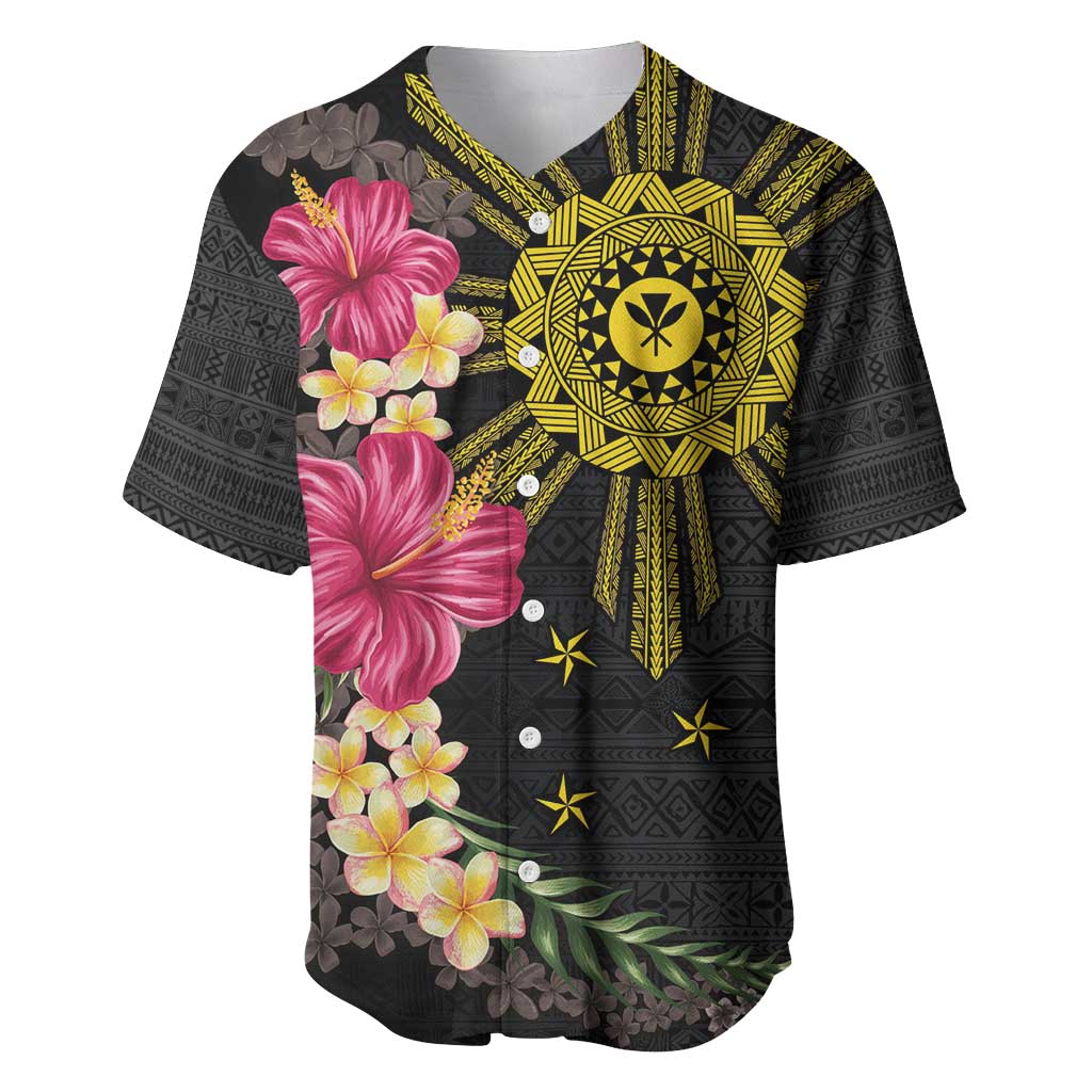 Hawaii and Philippines Together Baseball Jersey Hibiscus Flower and Sun Badge Polynesian Pattern Coloful