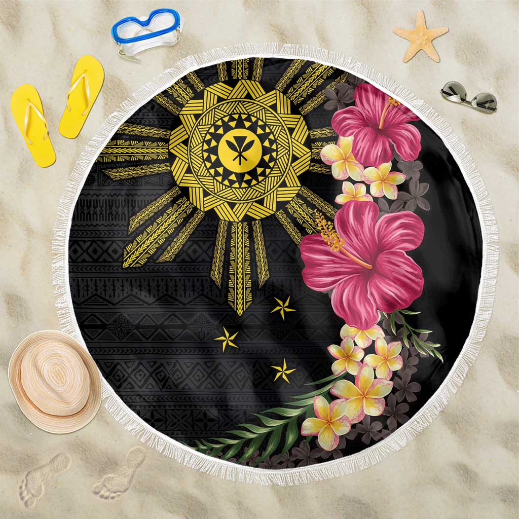 Hawaii and Philippines Together Beach Blanket Hibiscus Flower and Sun Badge Polynesian Pattern Coloful