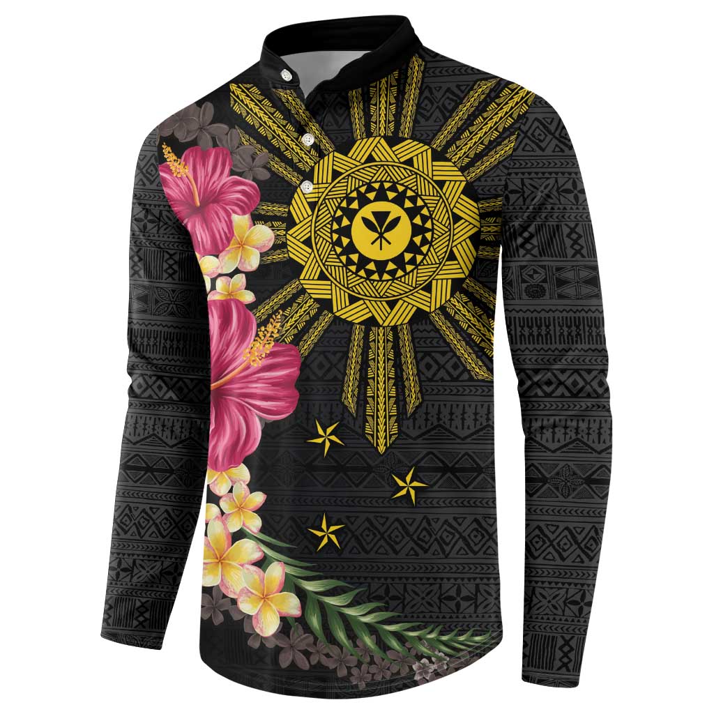 Hawaii and Philippines Together Button Sweatshirt Hibiscus Flower and Sun Badge Polynesian Pattern Coloful