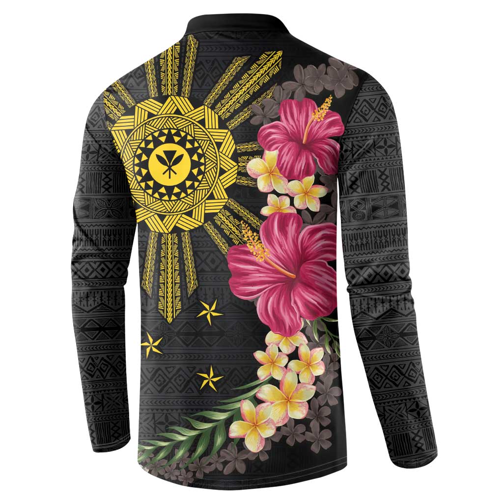 Hawaii and Philippines Together Button Sweatshirt Hibiscus Flower and Sun Badge Polynesian Pattern Coloful