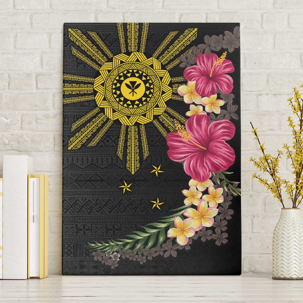 Hawaii and Philippines Together Canvas Wall Art Hibiscus Flower and Sun Badge Polynesian Pattern Coloful