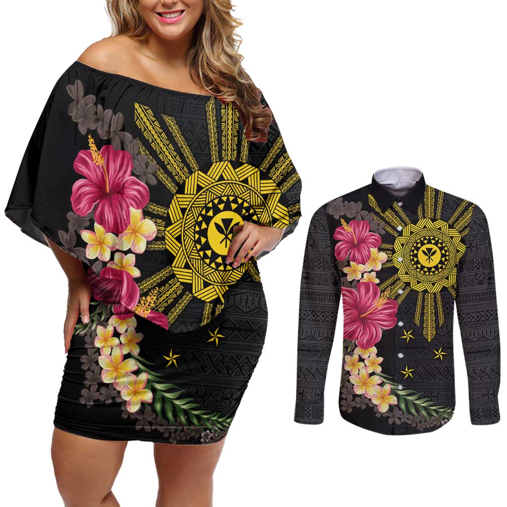 Hawaii and Philippines Together Couples Matching Off Shoulder Short Dress and Long Sleeve Button Shirt Hibiscus Flower and Sun Badge Polynesian Pattern Coloful