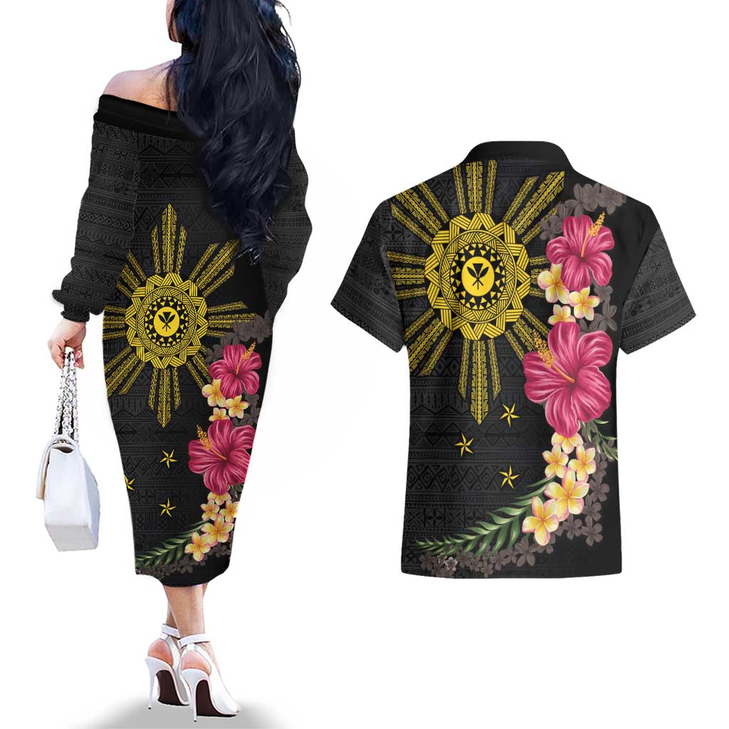 Hawaii and Philippines Together Couples Matching Off The Shoulder Long Sleeve Dress and Hawaiian Shirt Hibiscus Flower and Sun Badge Polynesian Pattern Coloful