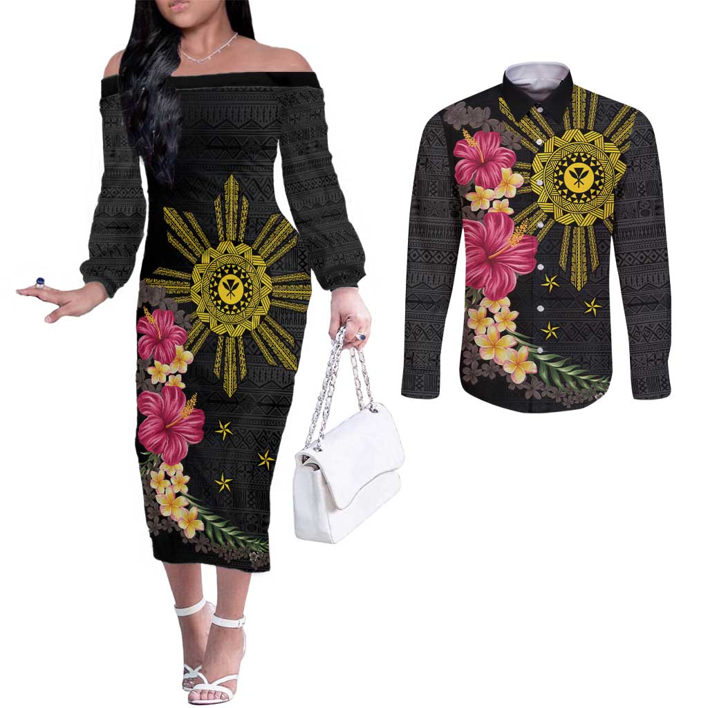 Hawaii and Philippines Together Couples Matching Off The Shoulder Long Sleeve Dress and Long Sleeve Button Shirt Hibiscus Flower and Sun Badge Polynesian Pattern Coloful