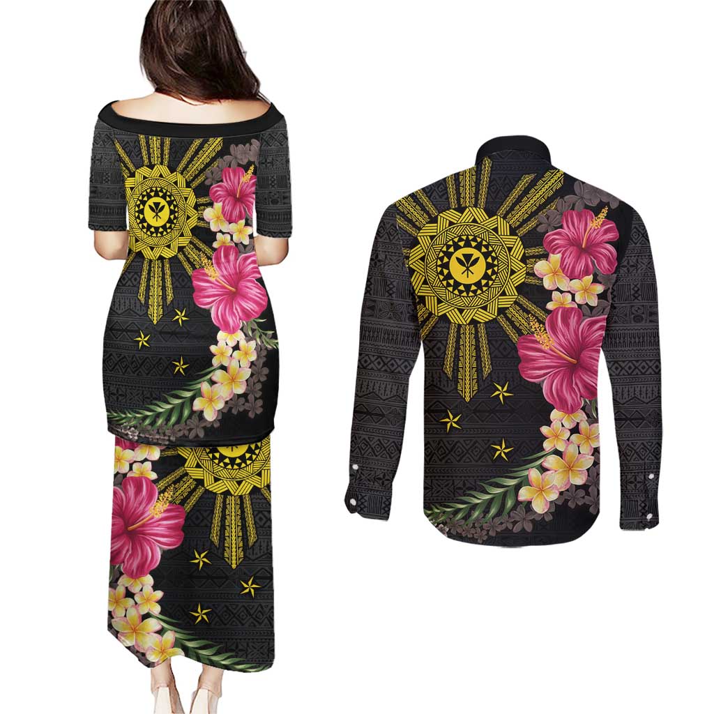 Hawaii and Philippines Together Couples Matching Puletasi and Long Sleeve Button Shirt Hibiscus Flower and Sun Badge Polynesian Pattern Coloful