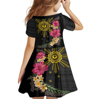 Hawaii and Philippines Together Family Matching Off The Shoulder Long Sleeve Dress and Hawaiian Shirt Hibiscus Flower and Sun Badge Polynesian Pattern Coloful