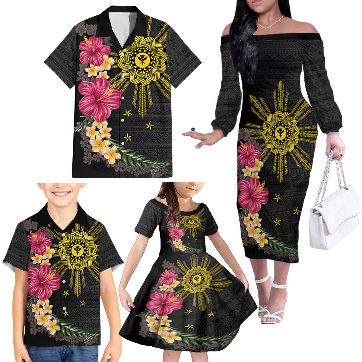 Hawaii and Philippines Together Family Matching Off The Shoulder Long Sleeve Dress and Hawaiian Shirt Hibiscus Flower and Sun Badge Polynesian Pattern Coloful