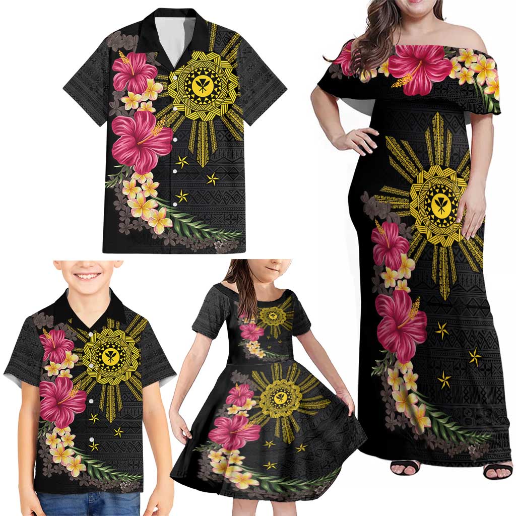 Hawaii and Philippines Together Family Matching Off Shoulder Maxi Dress and Hawaiian Shirt Hibiscus Flower and Sun Badge Polynesian Pattern Coloful