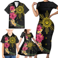Hawaii and Philippines Together Family Matching Short Sleeve Bodycon Dress and Hawaiian Shirt Hibiscus Flower and Sun Badge Polynesian Pattern Coloful