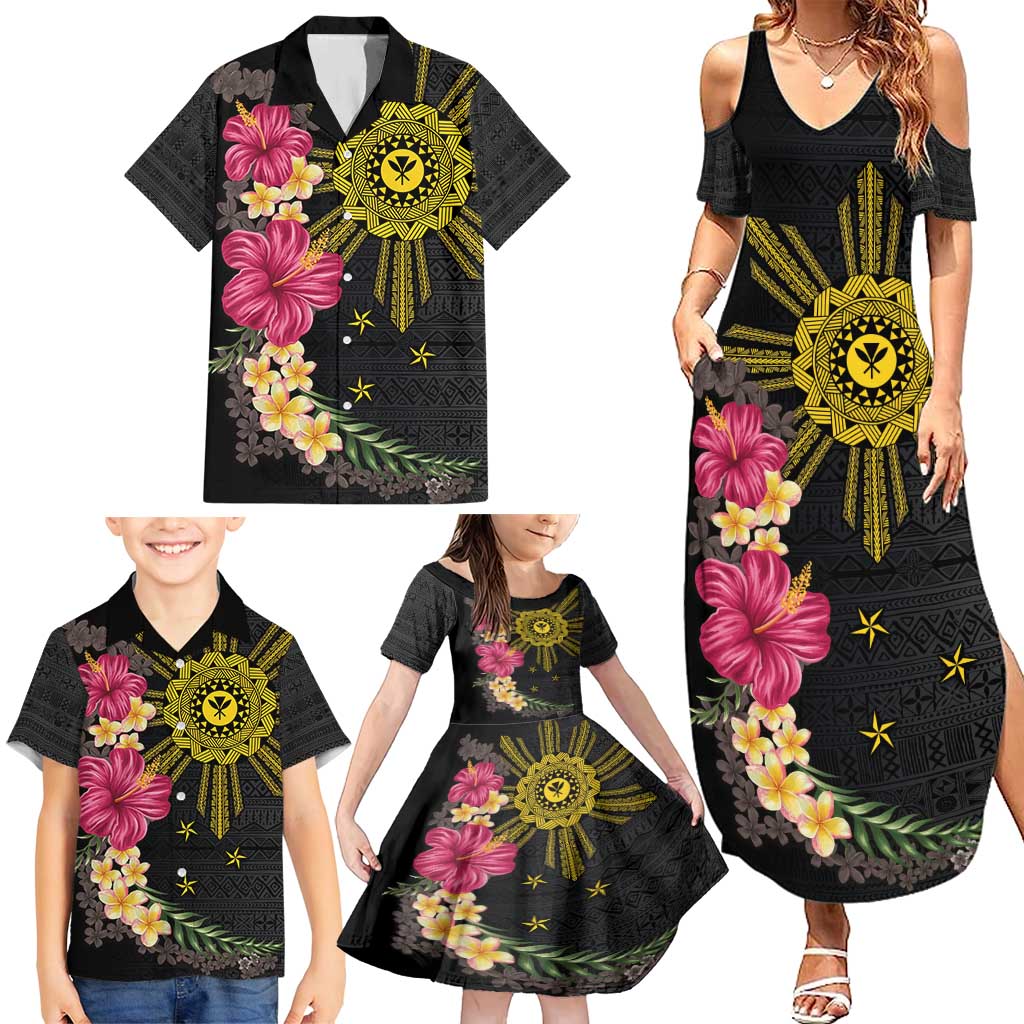 Hawaii and Philippines Together Family Matching Summer Maxi Dress and Hawaiian Shirt Hibiscus Flower and Sun Badge Polynesian Pattern Coloful