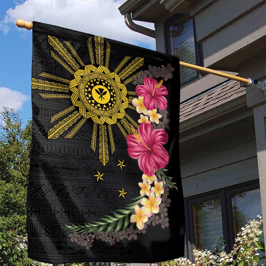 Hawaii and Philippines Together Garden Flag Hibiscus Flower and Sun Badge Polynesian Pattern Coloful
