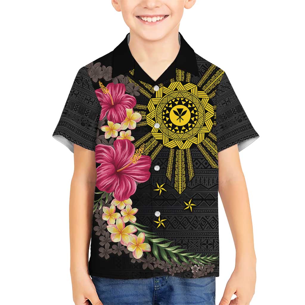 Hawaii and Philippines Together Kid Hawaiian Shirt Hibiscus Flower and Sun Badge Polynesian Pattern Coloful