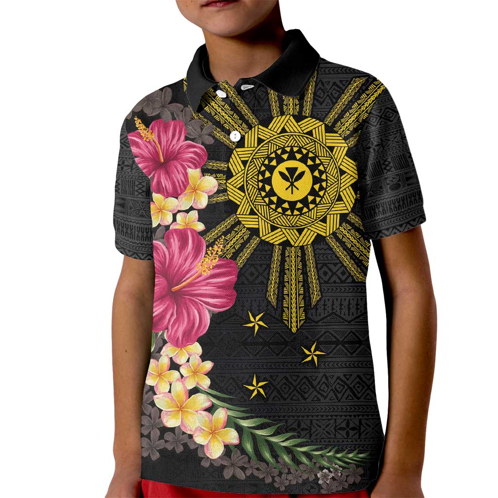 Hawaii and Philippines Together Kid Polo Shirt Hibiscus Flower and Sun Badge Polynesian Pattern Coloful