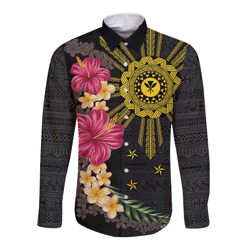 Hawaii and Philippines Together Long Sleeve Button Shirt Hibiscus Flower and Sun Badge Polynesian Pattern Coloful